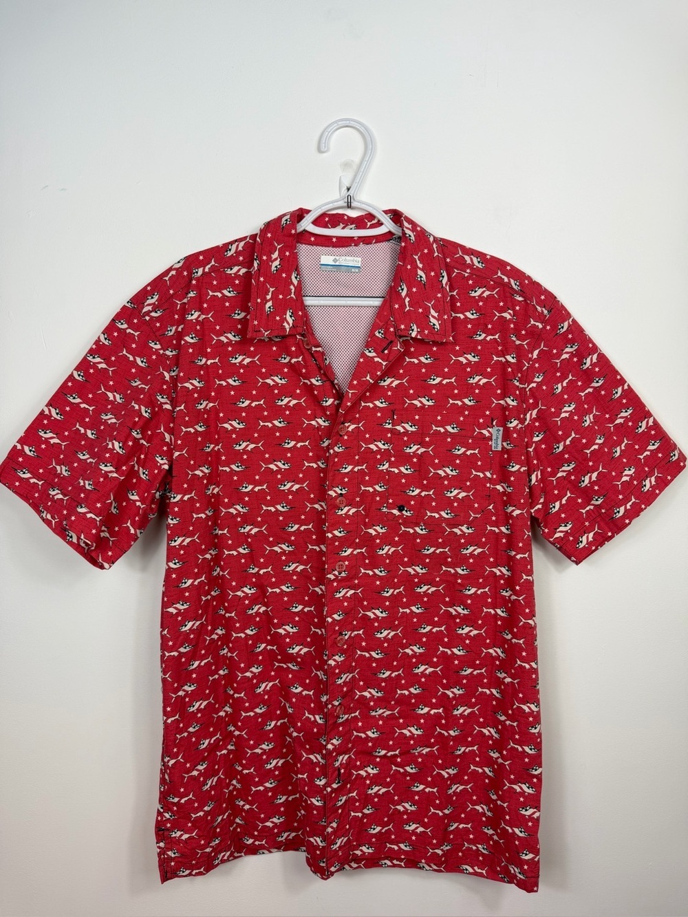Columbia PFG Fish Print Button Front Vented Fishing Shirt Men’s Medium Patriotic